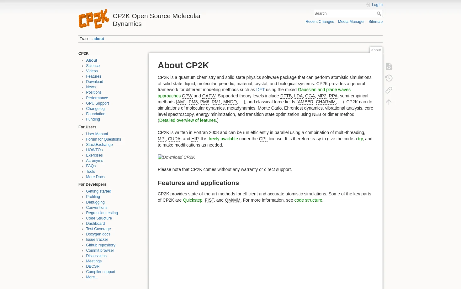 CP2K Open Source Molecular Dynamics 页面快照
